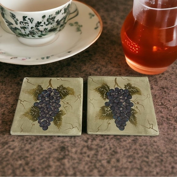 Pair of Tea Tiles Cabernet Tabletops Unlimited Hand Painted Ceramic Trivet Set - Picture 1 of 5